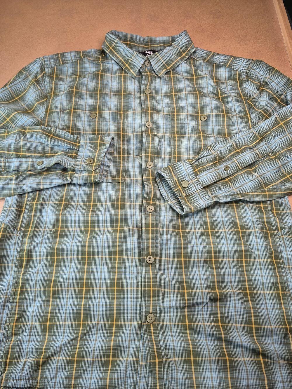 REI Green Plaid Button-Down Shirt with Yellow Stripes 3699/1